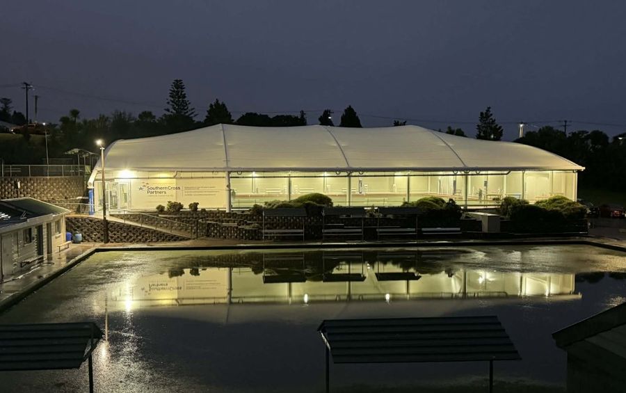 Canopy over the bowling green at the Howick Bowling Club, lit at dusk