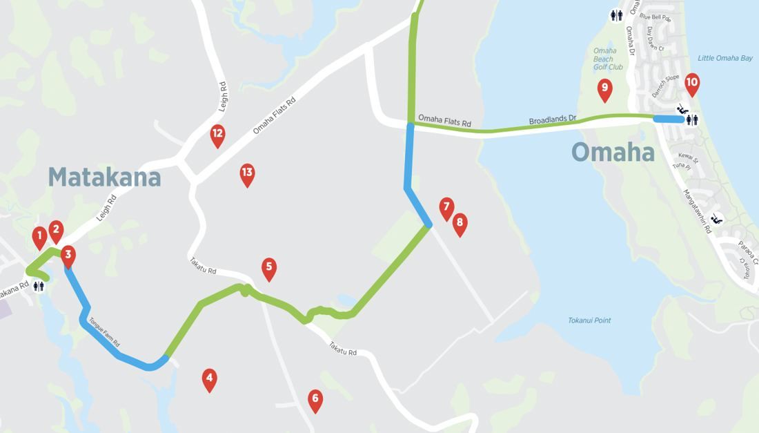 Map of the Matakana Cycle Trail from Matakana Village to Omaha